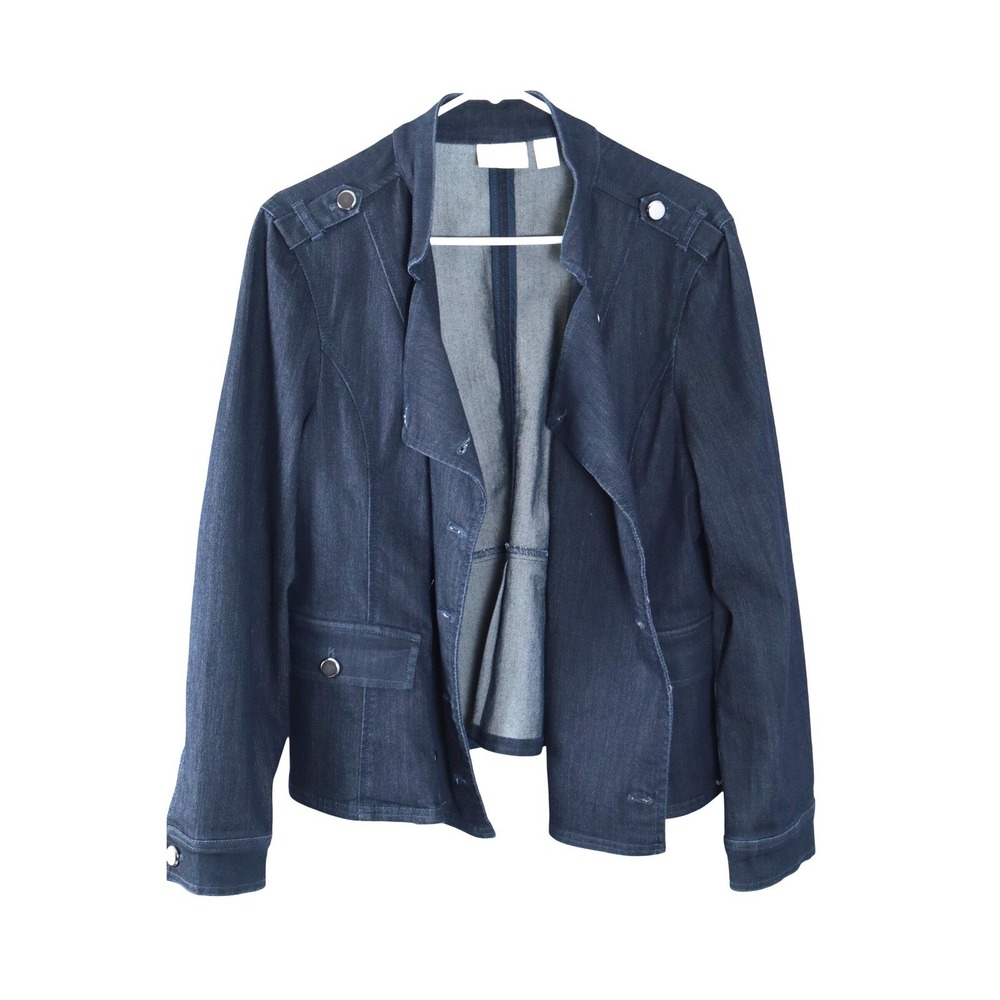 Chico's Denim Jacket Size 2 Dark Wash Button Front Military‎ Style